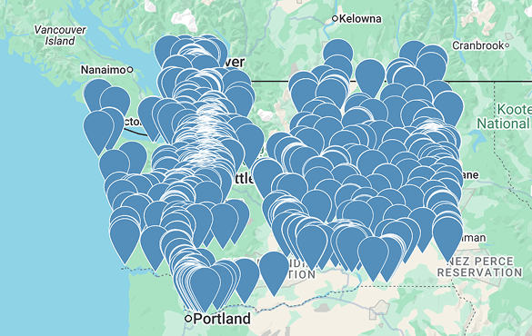 Map of Washington with points to demonstrate take back locations.